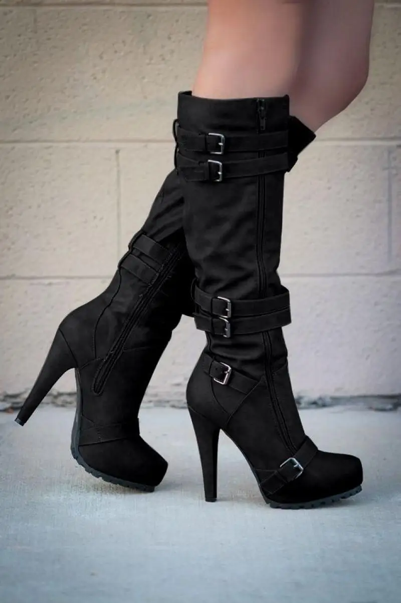 Top Trends: Women Super High Heel Boots Winter Fashion Buckle Strap Zipper Knee High Boots Platform Females Shoes Ladies Long Boots Botas Shoppable Styles - Image 2