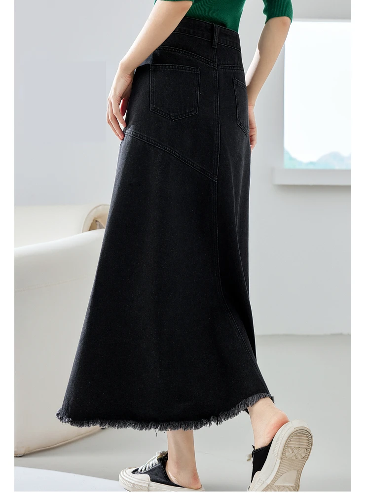 Top Trends: Vimly Black Denim Maxi Skirt For Women Fashion 2023 Autumn Elegant High Waist Split Tassel Hem A Line Long Jeans Skirt 72295 Shoppable Styles - Image 2