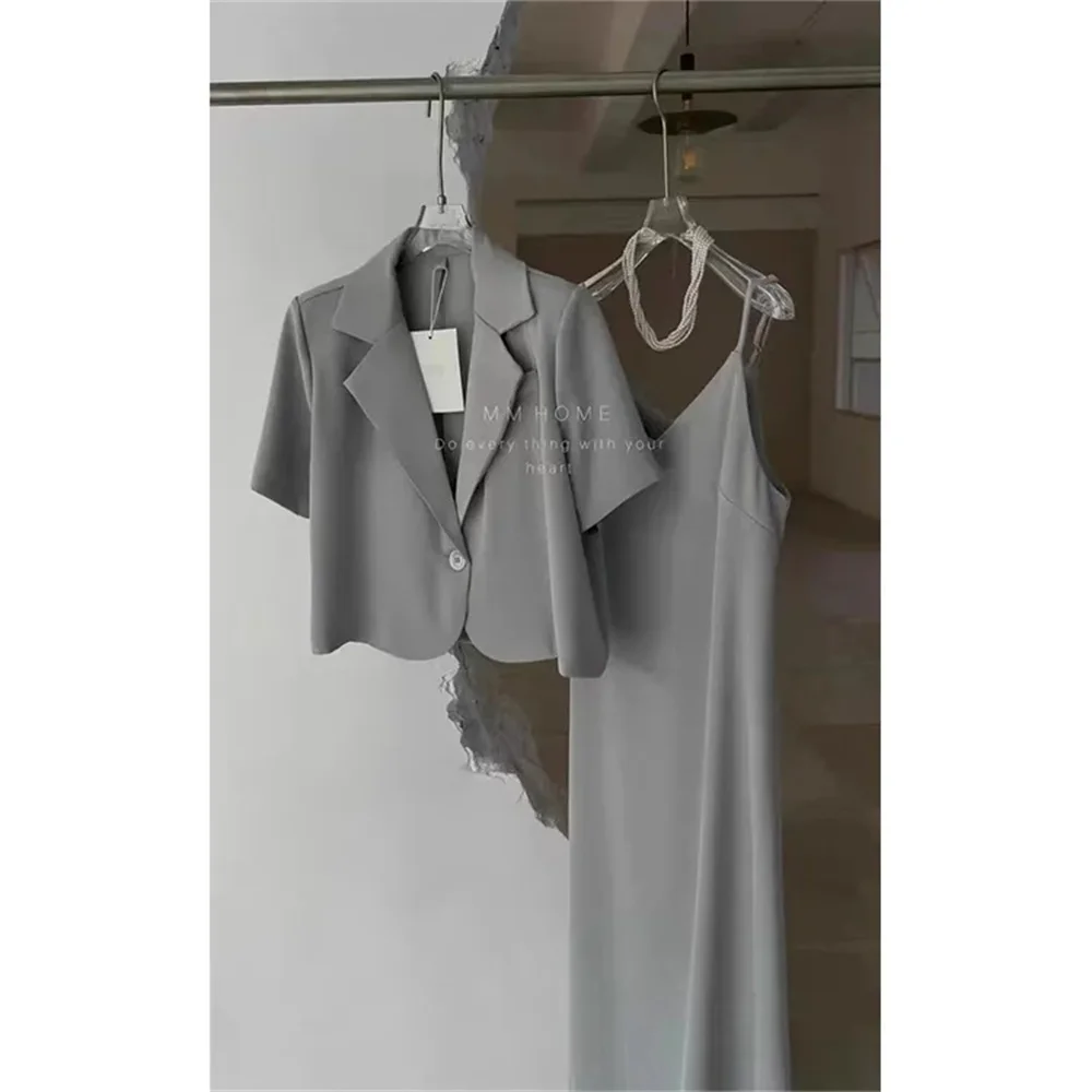 Top Trends: 2Pcs / Set Grey Suit Dress Set Women Office Lady Short Sleeve Blazers Top+ Sleeveless Slip Midi Dresses 2 Piece Set Summer Outfits Shoppable Styles