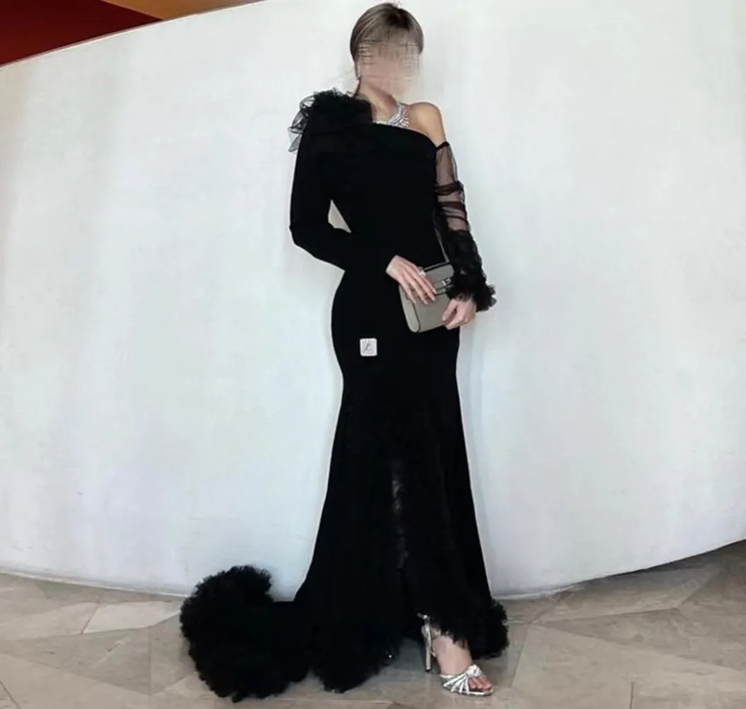 Top Trends: Fashionvane Black Mermaid Prom Dresses Cascading Ruffles Tulle Side Slit Evening Party Formal Gowns Long Sleeves Robe De Soiree Shoppable Styles