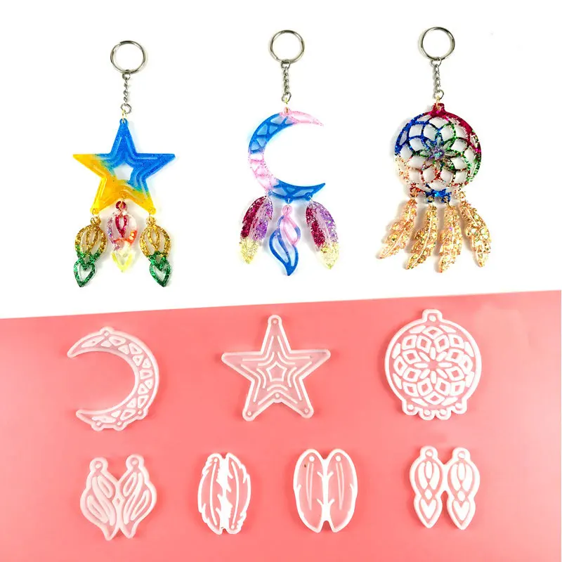 Top Trends: Dream Catcher Feather Earring Pendant Resin Silicone Mold DIY Five-pointed Star Moon Jewelry Pendant Keychain Resin Mold Shoppable Styles