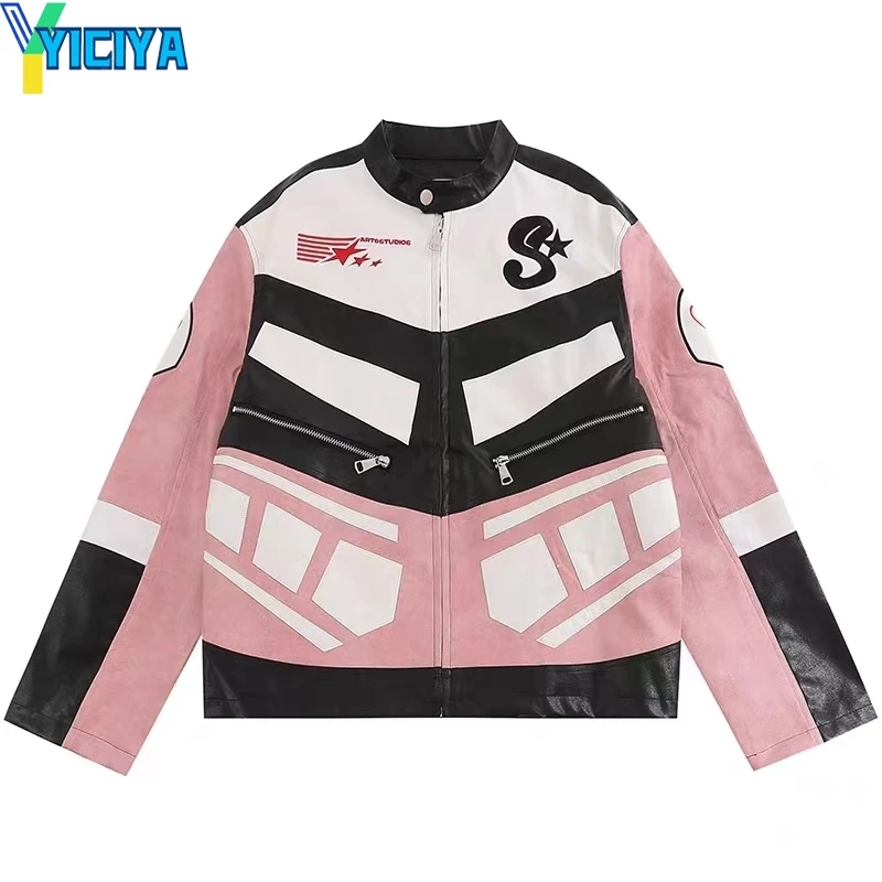 Top Trends: YICIYA Leather Jacket Pink Embroidery Unisex Coats Bomber Korean Fashion Winter Motorcycle Jacket Outerwear New Outfits Vintage Shoppable Styles