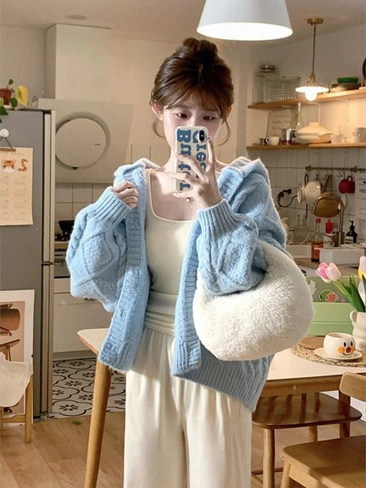 Top Trends: Deeptown Harajuku Blue Knitted Cardigan Women Vintage Hooded Cropped Sweater Sweet Loose Casual Knitwear Y2K Tops Korean Fashion Shoppable Styles - Image 3