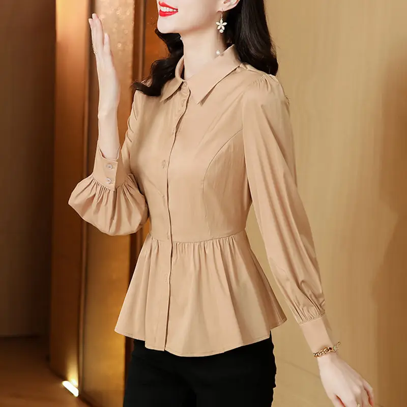 Top Trends: Spring Autumn Commute Solid Color Waist Shirt Casual Long Sleeve Women's Clothing Single-breasted Turn-down Collar Basic Blouse Shoppable Styles