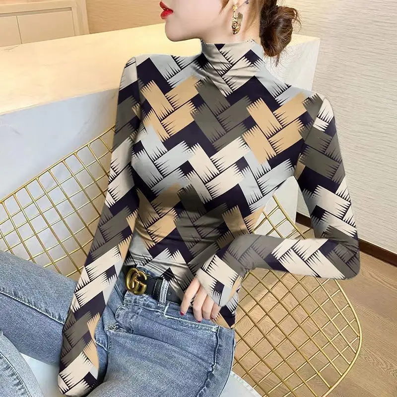 Top Trends: Women&#039;s Pullover Half High Neck Geometric Underlay Autumn And Winter New Vintage Printing Long Sleeve Striped T-shirt Slim Tops Shoppable Styles