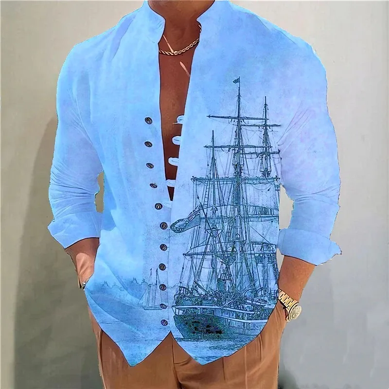 Top Trends: New Spring And Autumn Casual Printed Shirt Loose Men's Long Sleeve Pirate Ship Printed Shirt Button Up Shirt Retro Large Siz Shoppable Styles