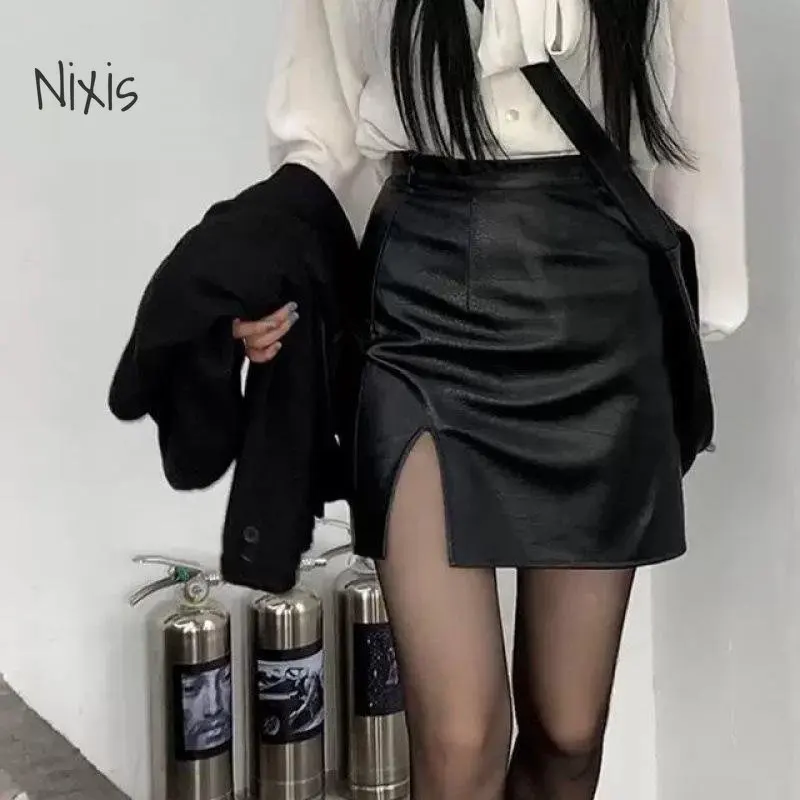 Top Trends: Black Leather Skirts Women Sexy Split Slim High Waisted A-line Skirts Spring Summer Korean Style Clothes Fashion Ladies Bottoms Shoppable Styles