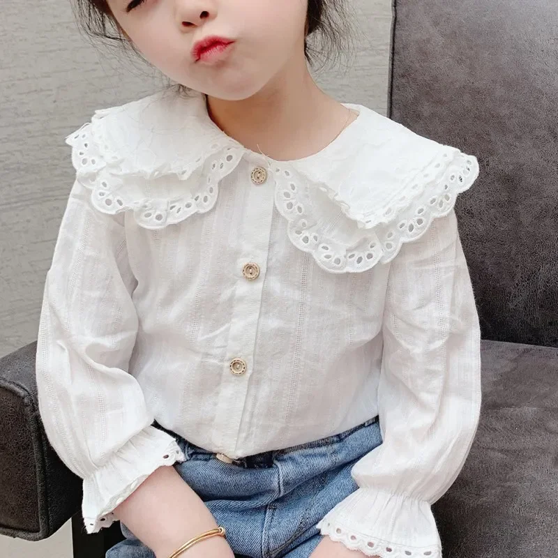 Top Trends: Spring Autumn Girls Children Lapel Blouse With Flared Sleeves Shirt Long-Sleeved Cotton Lace Child Girl Tops Blouse Kids Clothes Shoppable Styles