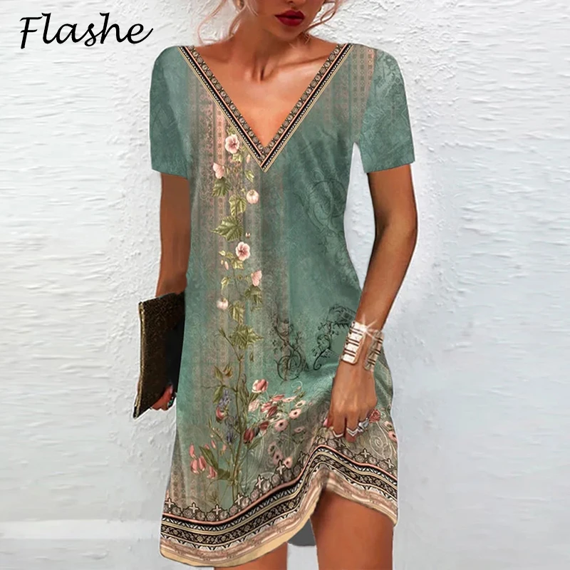 Top Trends: Women Summer Dress Boho V Neck Short Sleeve Vintage Print Flower Mini Dress Women Elegant Loose Beach Holiday Dresses Shoppable Styles - Image 5