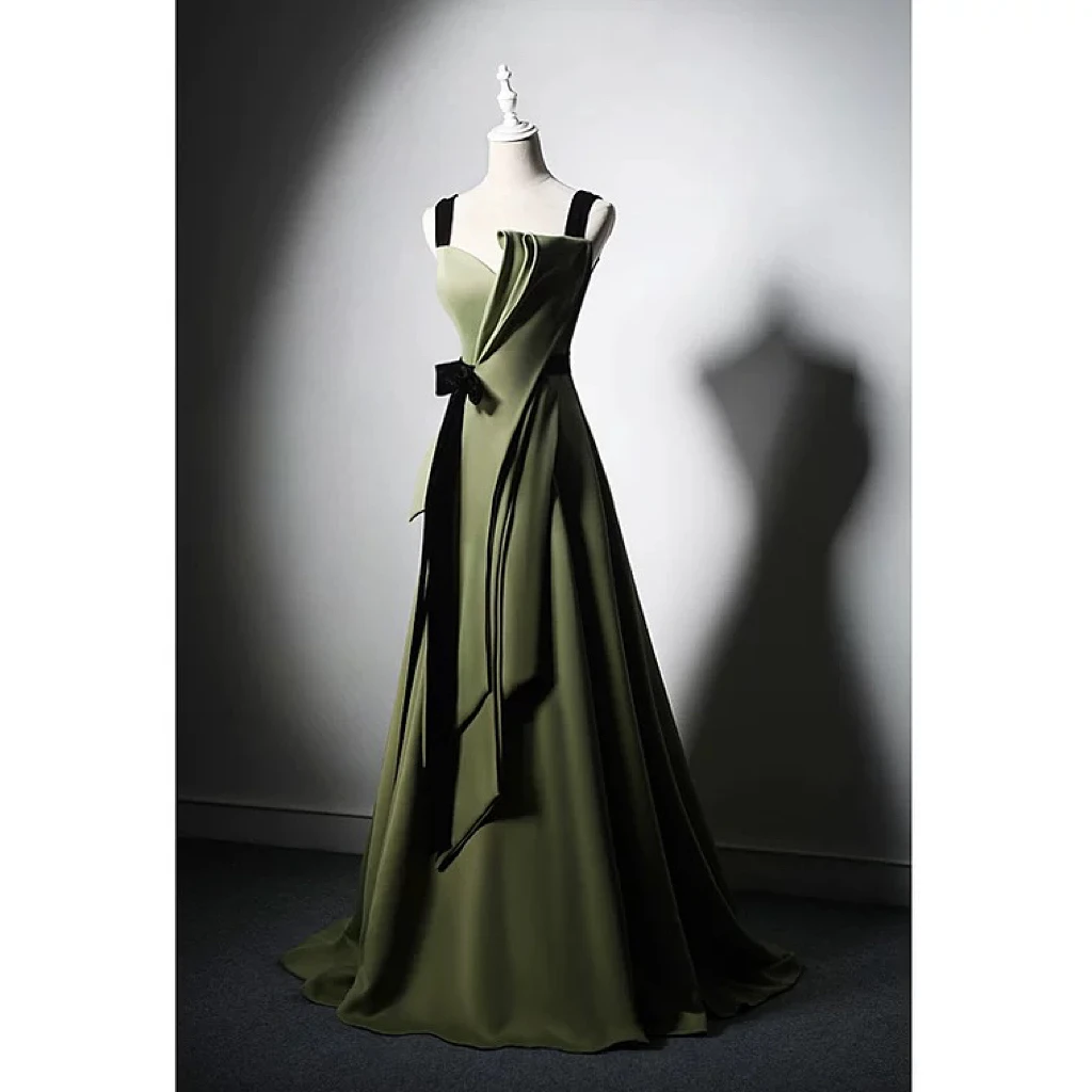 Top Trends: Olive Green Satin Prom Dress A-Line Spaghetti Strap Bow Ribbon Pleat Long Formal Wedding Graduation Party Elegant Evening Gowns Shoppable Styles