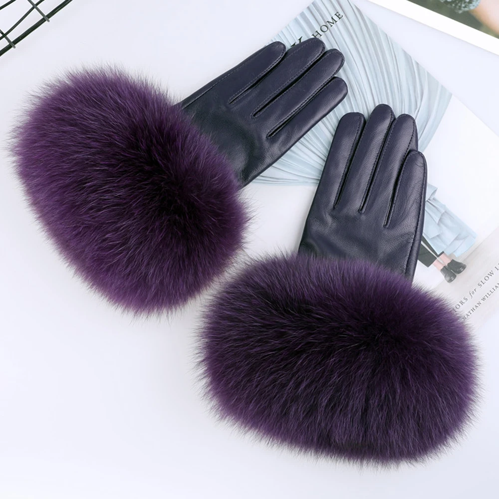 Top Trends: Sheepskin Natural Fox Fur Trimming Gloves Women's Genuine Leather Wrist Warmer Glove Winter Warm Fashion Mittens Fleece Lining Shoppable Styles