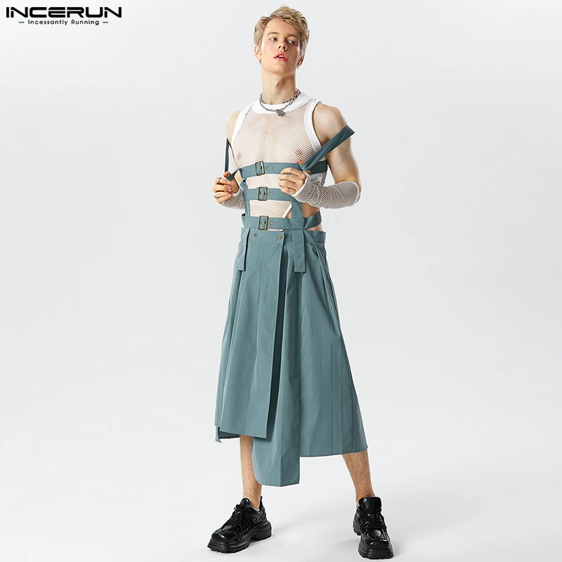 Top Trends: INCERUN 2023 American Style Mens Pleated Design Skirts Pants Casual Street Irregular Hem Solid Straps Half Skirt Jumpsuits S-5XL Shoppable Styles - Image 3