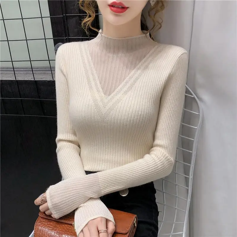 Top Trends: Autumn And Winter Women's Pullover Half High Neck Long Sleeve Solid Hollow Out Gauze Lace Slim Fashion Casual Knit Bottom Tops Shoppable Styles