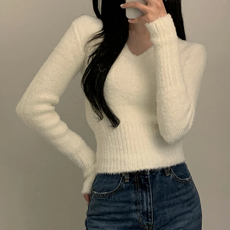 Top Trends: White Sweater Women 2023 Autumn Winter Soft Warm Clothes Long Sleeve Pullover Sweaters V Neck Slim Knitted Crop Tops Pull Femme Shoppable Styles