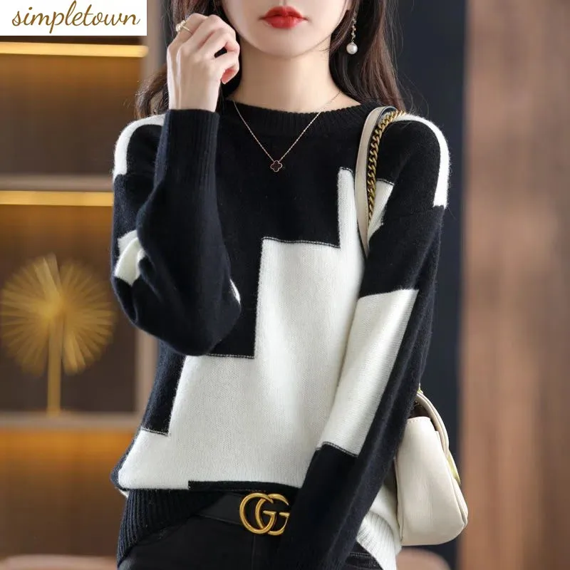 Top Trends: 2023 Autumn / Winter New Round Neck Pullover Sweater Women's Autumn / Winter Versatile Long Sleeve Top Color Matching Knitted Sweate Shoppable Styles