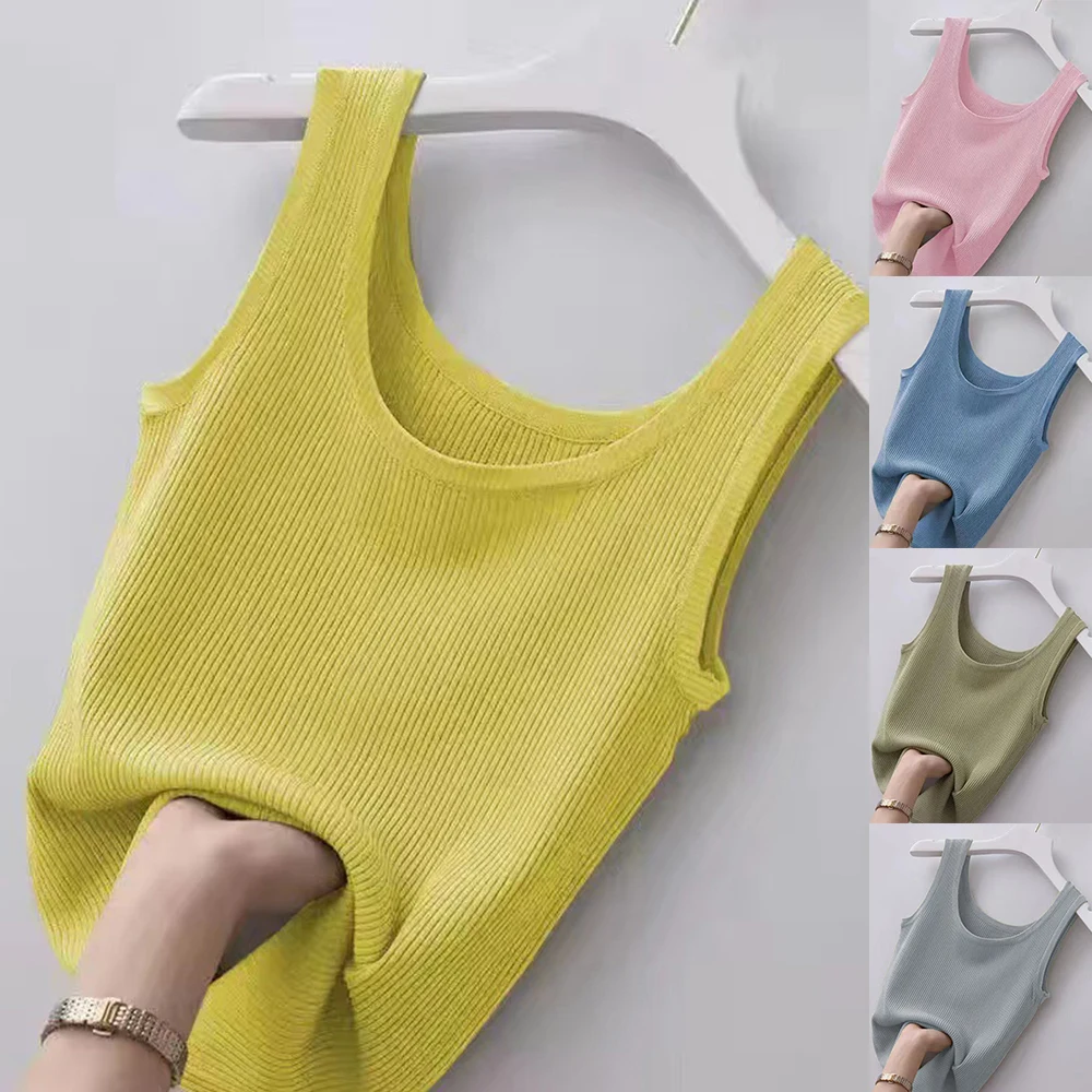 Top Trends: Summer Basic Knitted Tank Top Solid Color Round Neck Crop Tops Women Sexy Sleeveless Camisole T-Shirt Girls Streetwear Tees Shoppable Styles