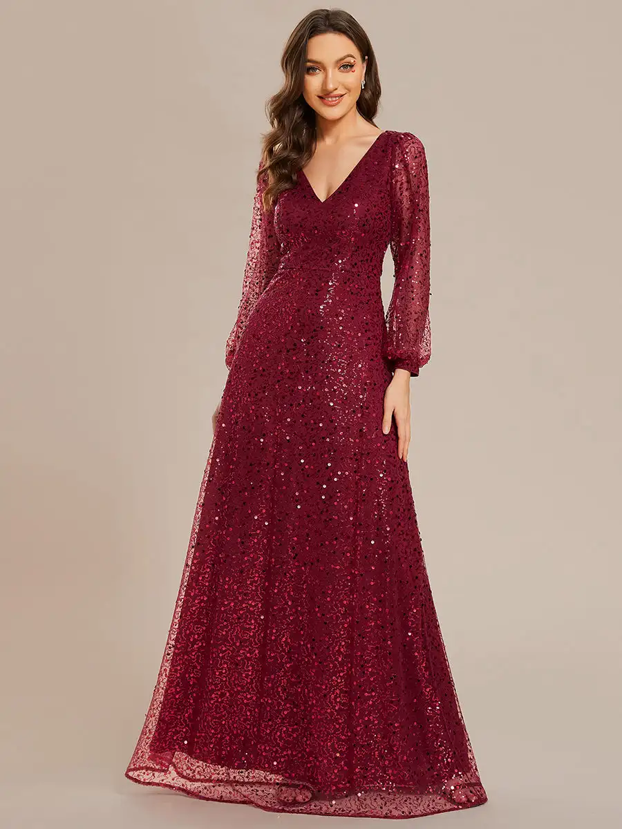 Top Trends: Elegant Evening Dresses Waisted V-neck Long Sleeve Floor-Length 2024 Ever Pretty Of A-line Sequin Burgundy Guest Dress Shoppable Styles