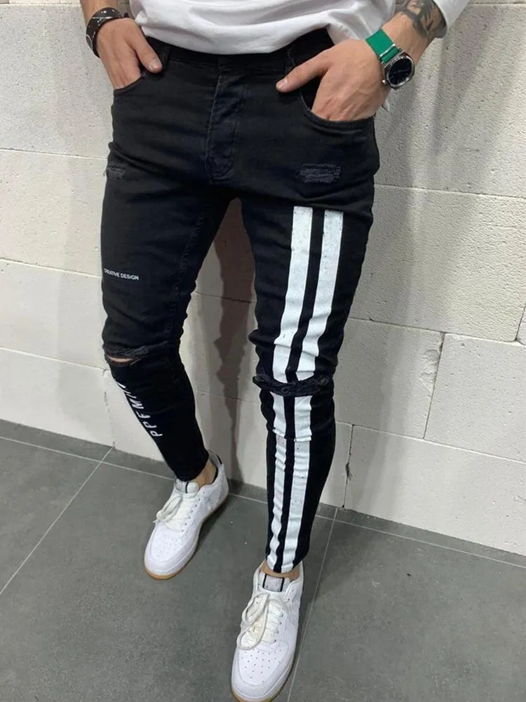 Top Trends: Stripe Printing Jeans Men Cotton Stretchy Ripped Skinny Jeans High Quality Hip Hop Black Hole Slim Fit Oversize Denim Pants Shoppable Styles