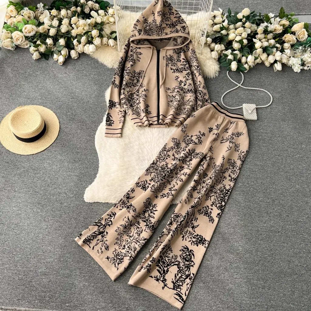 Top Trends: Women Print Trousers 2 Piece Set Autumn Elegant Knitted Hoodies Jackets Wide Leg Pantsuit Female Fashion Outfits Clothes Shoppable Styles