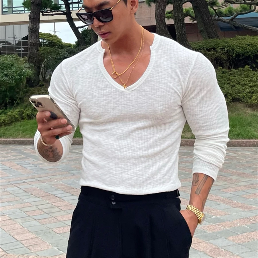 Top Trends: Long Sleeve Tshirt Men V-neck Cotton T-shirt Bodybuilding Underwear Shirts Autumn Jogger Sports Slim-fit Print Top Shoppable Styles