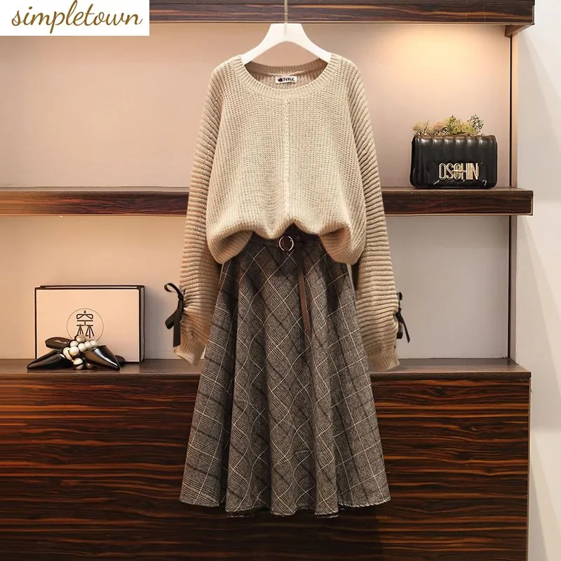 Top Trends: Oversized Women&#039;s 2023 Autumn / Winter Korean Edition New Style Slim Covering Knitted Sweater Half Skirt Two Piece Set Shoppable Styles