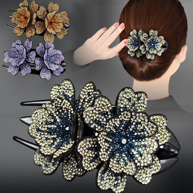 Top Trends: Rhinestone Double Flower Hair Claw Hair Grab Duckbill For Women Flower Hair Clip Claw Hair Accessories Rhinestone Headdress Shoppable Styles