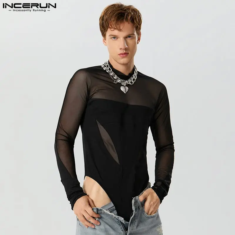 Top Trends: INCERUN 2023 Sexy New Men Rompers Stylish Splicing See-through Mesh Bodysuit Fashion Male Solid Thin Long Sleeve Jumpsuits S-5XL Shoppable Styles