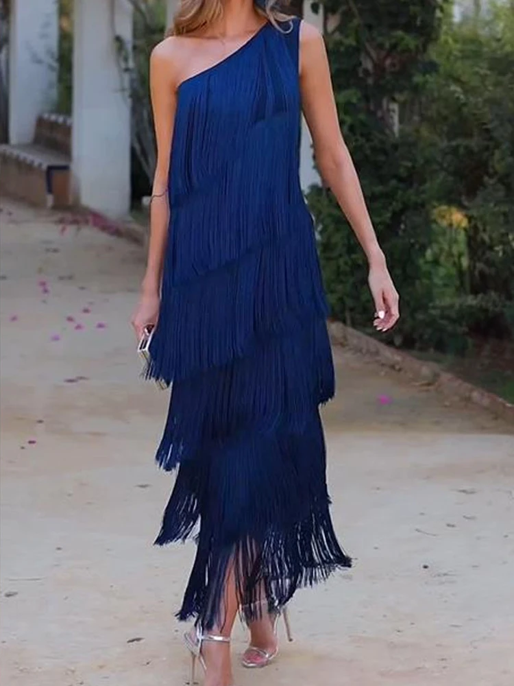 Top Trends: Deioao Off Shoulder Maxi Dress Sleeveless Slope Collar Tassel Stacked Hem Ruffled Sexy Beach Party Dress One Shoulder Slim Blue Shoppable Styles