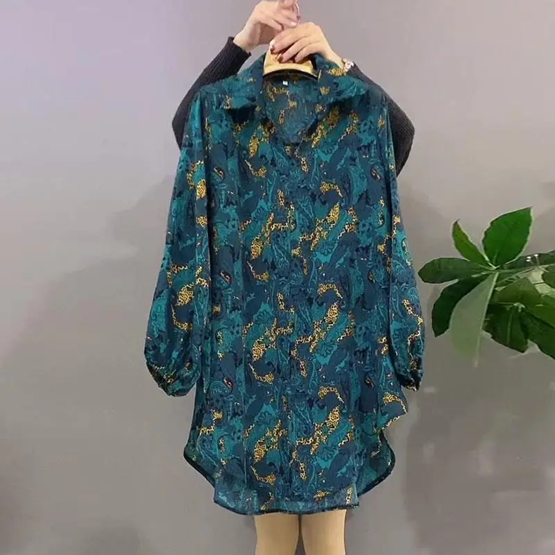 Top Trends: Chiffon Straight Malachite Blue Tie Dye Thin Medium Length Bright Gold Striped Printing Women Shirt Lantern Sleeve Plus Size Shoppable Styles