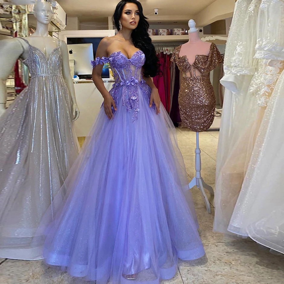 Top Trends: Toofgon Shiny Purple Tulle 3D Flower Prom Dresses A Line Off The Shoulder Lace Formal Party Evening Gowns Women Bridesmaid Dress Shoppable Styles