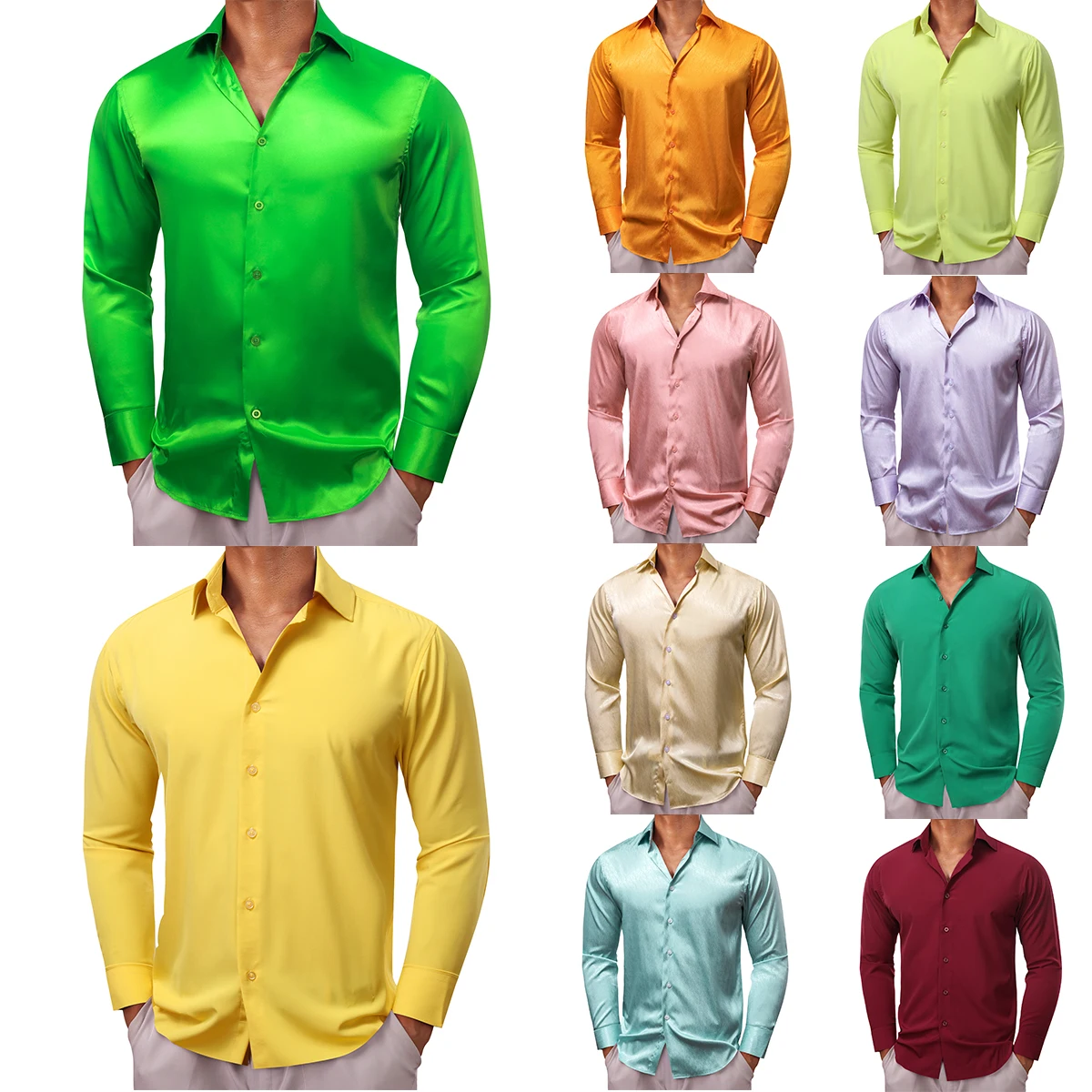 Top Trends: Barry Wang Shirts For Men Long Sleeve Silk Solid Satin Red Green Blue Pink Purple Gold Casual Male Blouses Luxury Clothing Shoppable Styles