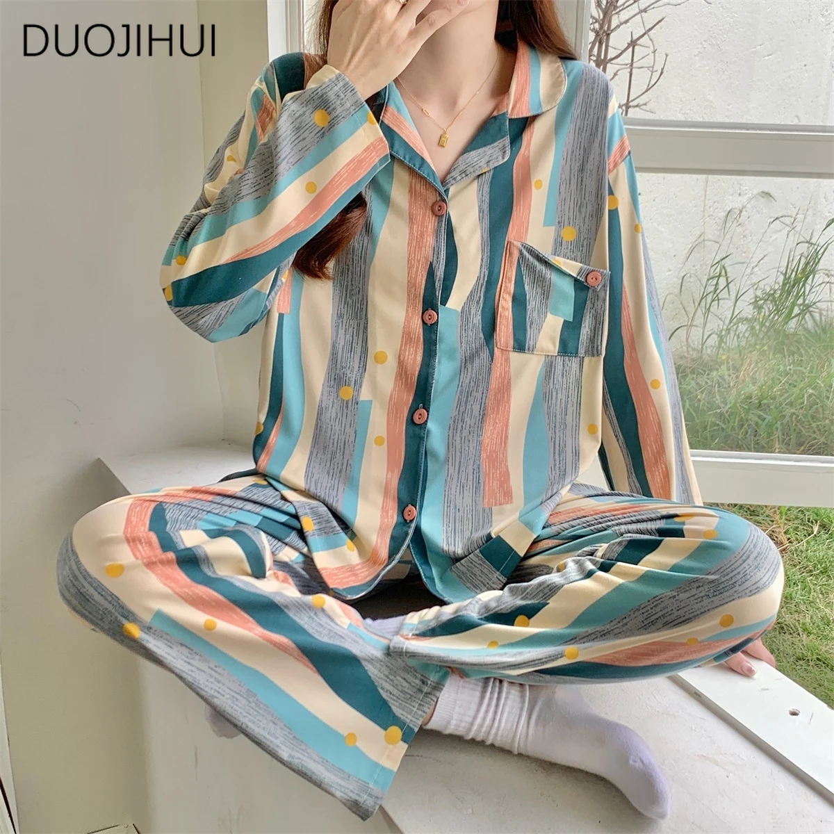 Top Trends: DUOJIHUI Two Piece Autumn Button Cardigan Female Pajamas Sets New Simple Fashion Pant Spell Color Casual Home Pajamas For Women Shoppable Styles