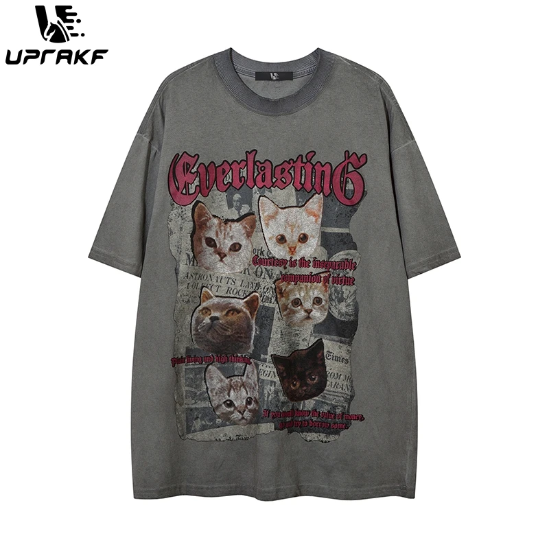 Top Trends: UPRAKF Kawaii T Shirts Cute Cat Print Graphic Dark Gothic Tees Loose Street Lazy Oversized Short Sleeve Top 90s Vintage Clothes Shoppable Styles