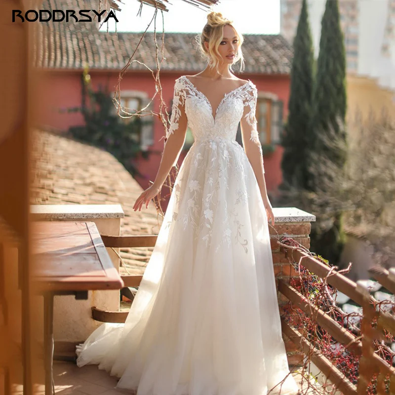 Top Trends: RODDRSYA V Neck Bridal Dress Long Sleeves Lace Applique Wedding Dresses For Woman Backless Vestidos De Noiva Mariage Customized Shoppable Styles