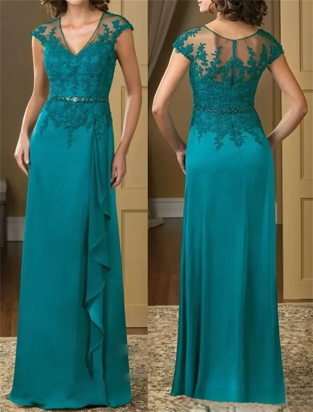 Top Trends: A-Line Lace Floor-Length Mother Of The Bride Dress Elegant 2024 Plus Sizes Turquoise Appliques Chiffon Short Sleeve Ruffles Belt Shoppable Styles