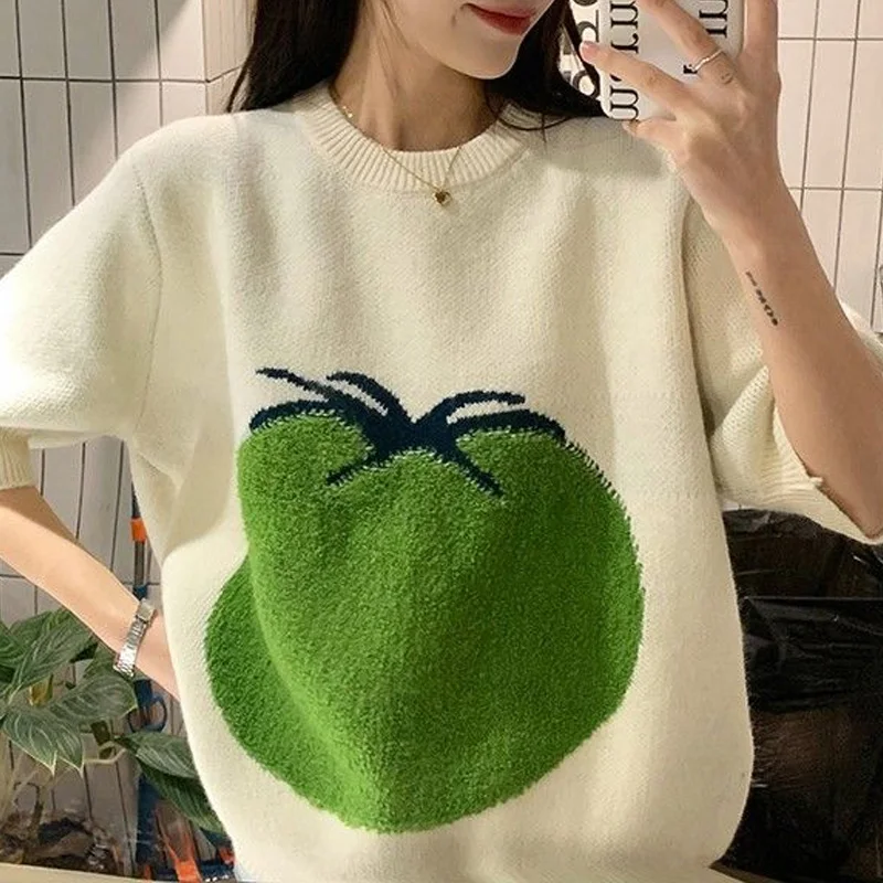 Top Trends: 2023 New Spring And Autumn Age Reducing Western Design Sense Round Neck Green Tomato Loose Relaxed Medium Sleeve Women&#039;s Knit Shoppable Styles