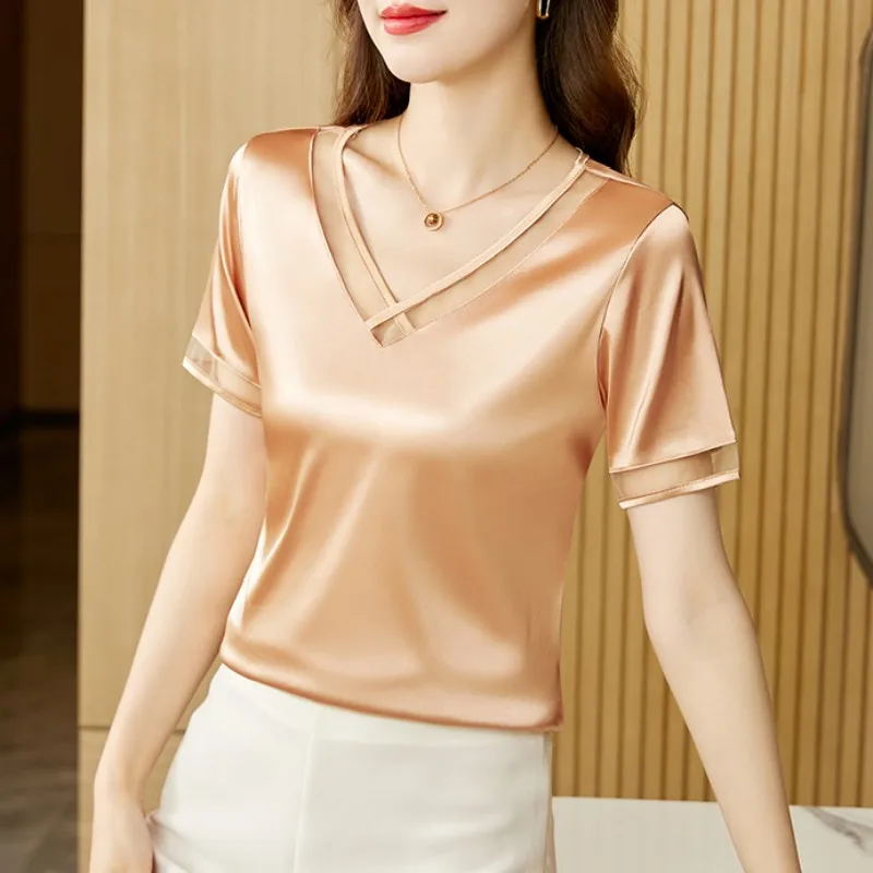 Top Trends: Satin Blouse Women V-Neck Shirts And Blouses 2023 Summer Fashion Woman Clothes 4XL Loose Women Tops Silk Women&#039;s Elegant Blouses Shoppable Styles