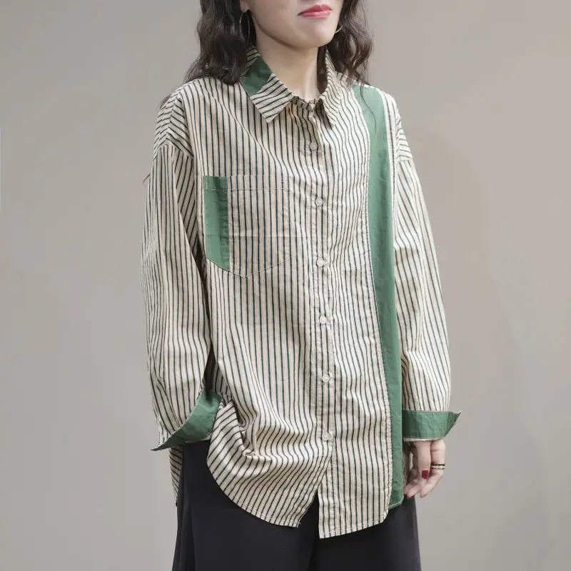 Top Trends: 2023 Spring And Autumn Fashion Commuting Simplicity Casual Art Flip Collar Stripe Blocked Loose Oversized Women's Shirt Shoppable Styles - Image 2