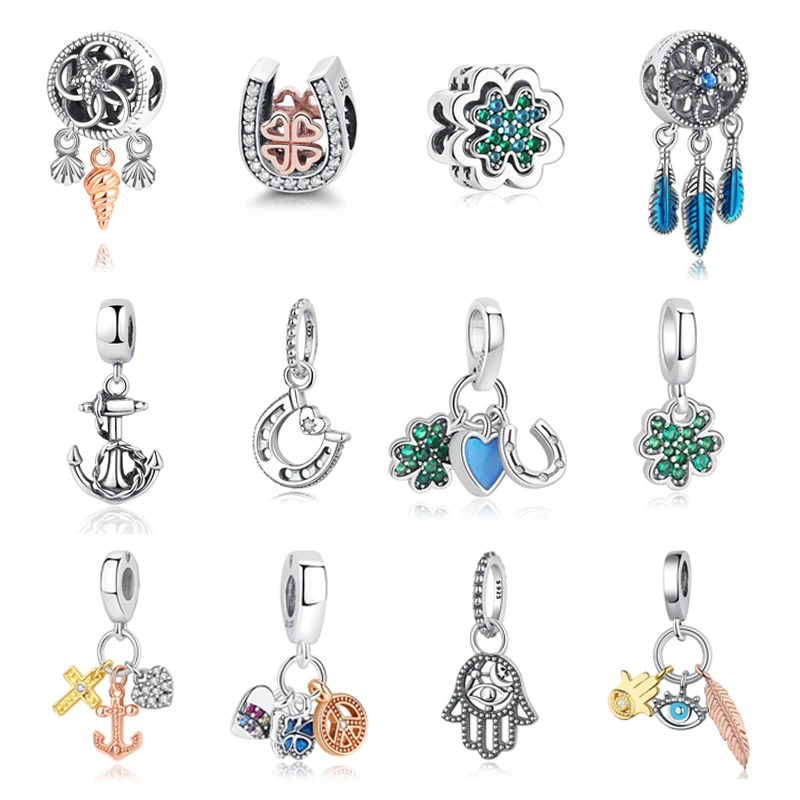 Top Trends: Original 925 Sterling Silver Charms Lucky Clover Horseshoe Hamsa Hand Bead Fit Pandora Bracelets Necklaces DIY Jewelry For Women Shoppable Styles