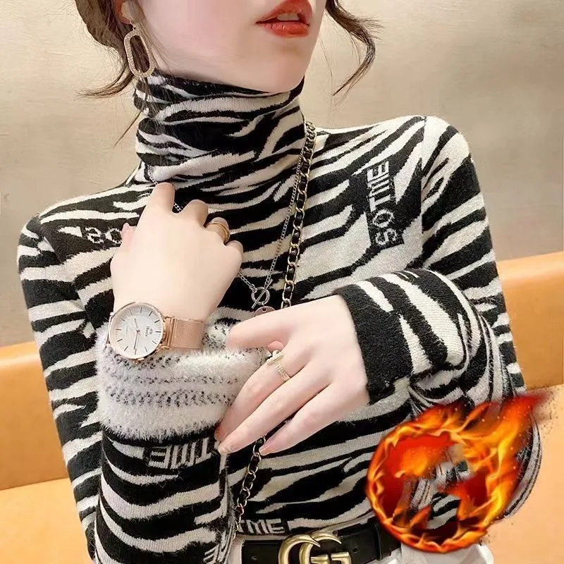 Top Trends: Women&#039;s Pullover High Neck Printing Striped Sweater Autumn And Winter New Knit Long Sleeve Slim Office Lady Tops Female Clothing Shoppable Styles