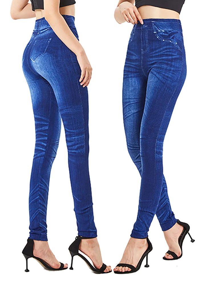 Top Trends: CUHAKCI False Women Folding Printed Jeggings Plus Size Vintage Fake Jeans High Elastic Soft Sport Fitness Trouses Dropshipping Shoppable Styles