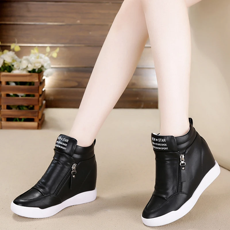 Top Trends: Women Casual Sneakers White PU Platform Shoes Ladies Wedge Sports Shoe Fashion Woman Black Chunky Side Zipper Vulcanized Shoes Shoppable Styles