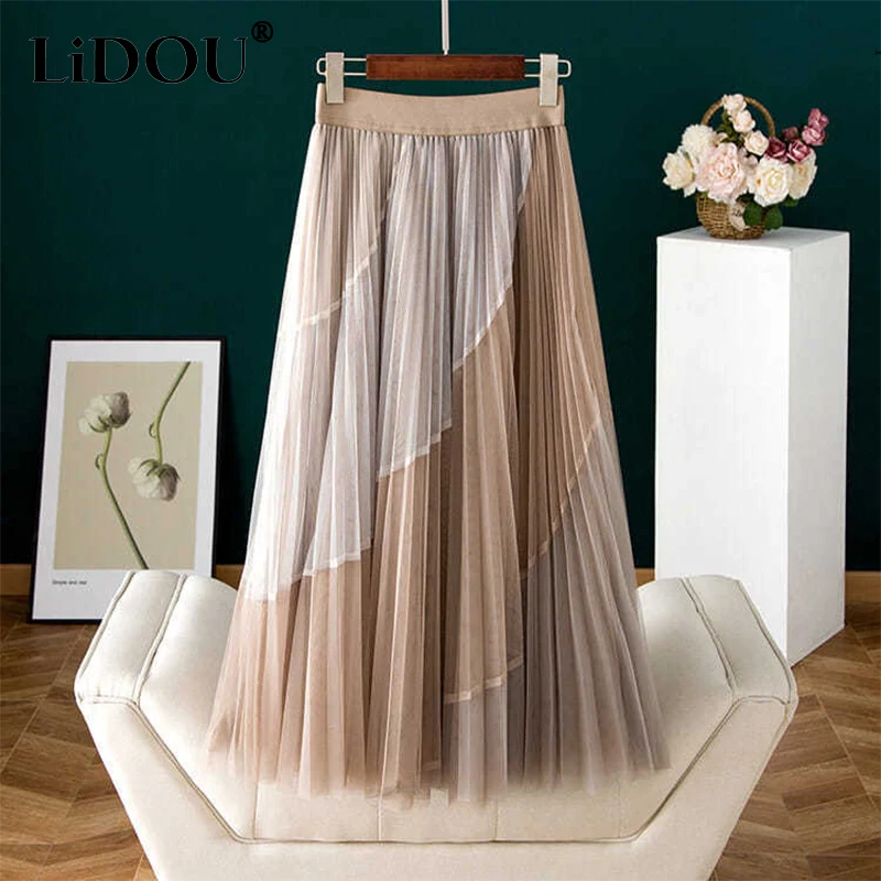 Top Trends: Spring Autumn Women&#039;s Elegant Fashion Patchwork Mesh Skirt Ladies Loose Casual All-match Pleated A-line Skirts Female Clothes Shoppable Styles