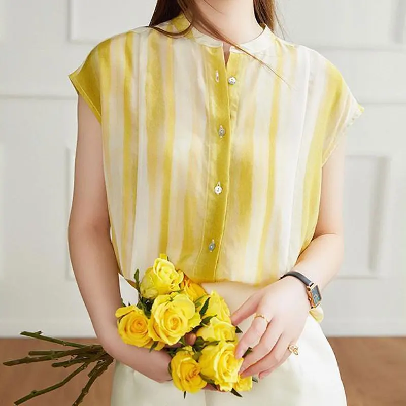 Top Trends: Female Clothing Striped Casual Sleeveless Shirt 2023 Summer New Commute Single-breasted All-match Round Neck Korean Loose Blouse Shoppable Styles - Image 5