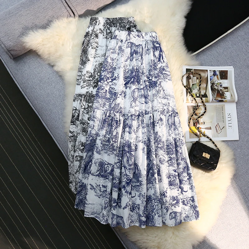 Top Trends: Chinese Style Animal Print Skirts Women 2023 Spring Summer New High Waist Elastic Elegant Pleated Long Skirt Mujer Shoppable Styles