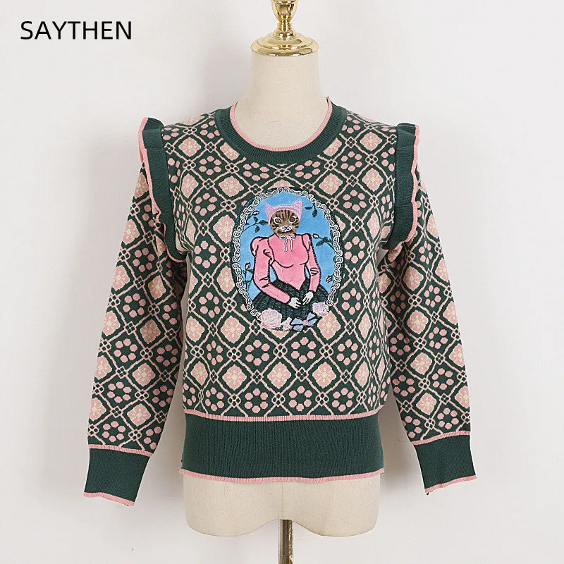 Top Trends: SAYTHEN Female Autumn Winter Lotus Leaf Shoulder Round Collar Knit New Brand Designer Retro Cat Princess Bump Color Sweater Tops Shoppable Styles