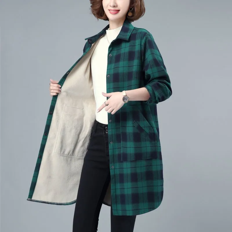 Top Trends: Winter Shirts Warm Tops Women Long Sleeve Vintage Thick Shirt Long Outerwear Female Turn-down Collar Plaid Thicken Blouse NS5518 Shoppable Styles