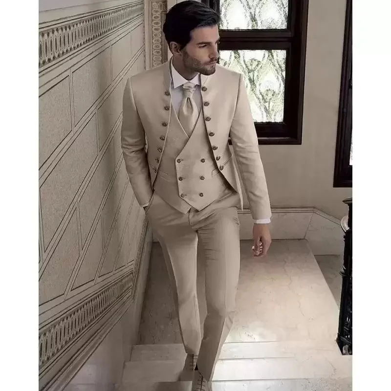 Top Trends: Men's Formal Suit 3 Piece Wedding Groom Tuxedo Khaki (Blazer + Pants + Vest) Male Slim Fit Jacket Pants Set Shoppable Styles