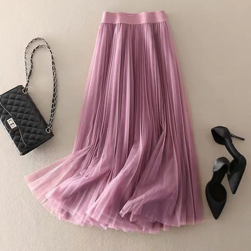 Top Trends: Summer Solid Color Pleated Mesh Skirt Women Classic High Waisted Shirring Slim Temperament Casual Korean Lady Midi Skirt Shoppable Styles