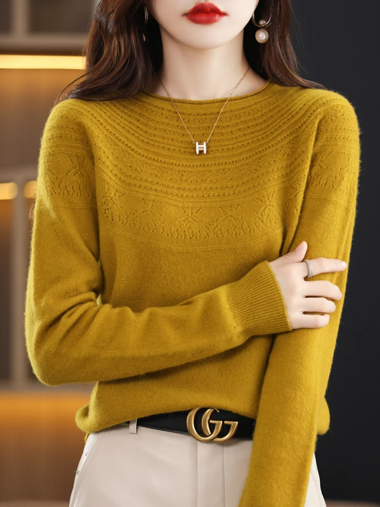 Top Trends: Spring 100% Merino Wool Sweater Women Pullovers O-Neck Hollow Long Sleeves Cashmere Knitwear Female Basic Bottoming Shirt New Shoppable Styles